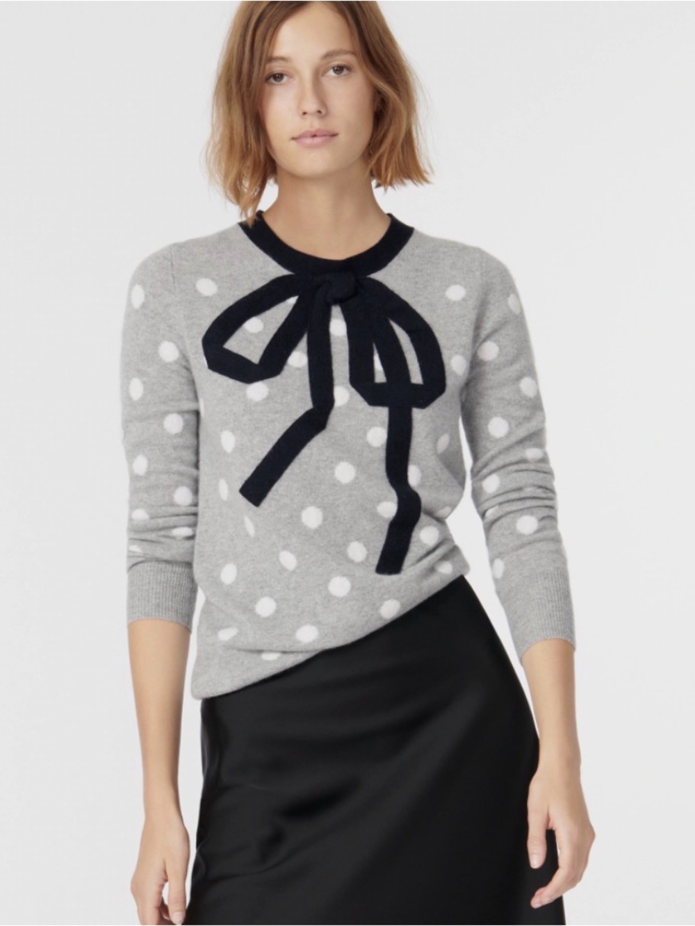 J.Crew 100% Cashmere Polka Dot Bow Sweater Gray Navy L Coquette